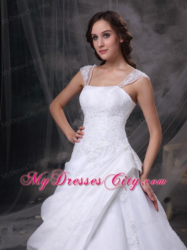 Square Train Satin and Organza Embriodery Decorated Wedding Dress